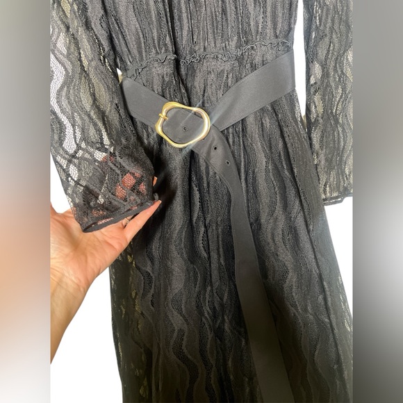 Lafayette 148 New York Hayden Wave Lace Black Long Sleeve Midi Dress Size 14 - Picture 4 of 10